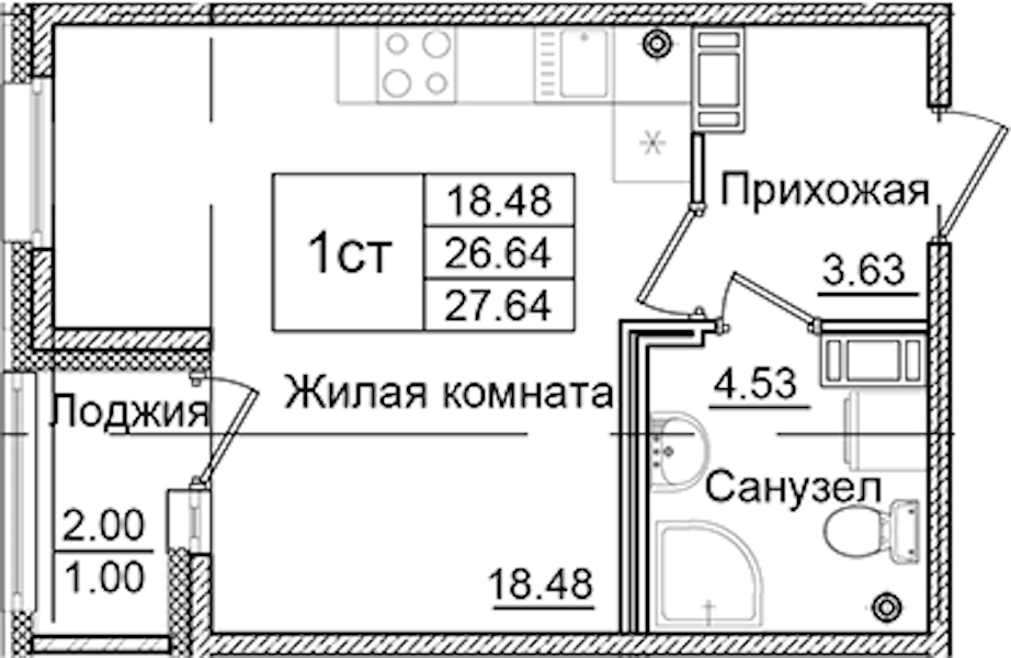 Квартира студия 27.64 м², 9/9 эт., ЖК «Квартал Заречье»